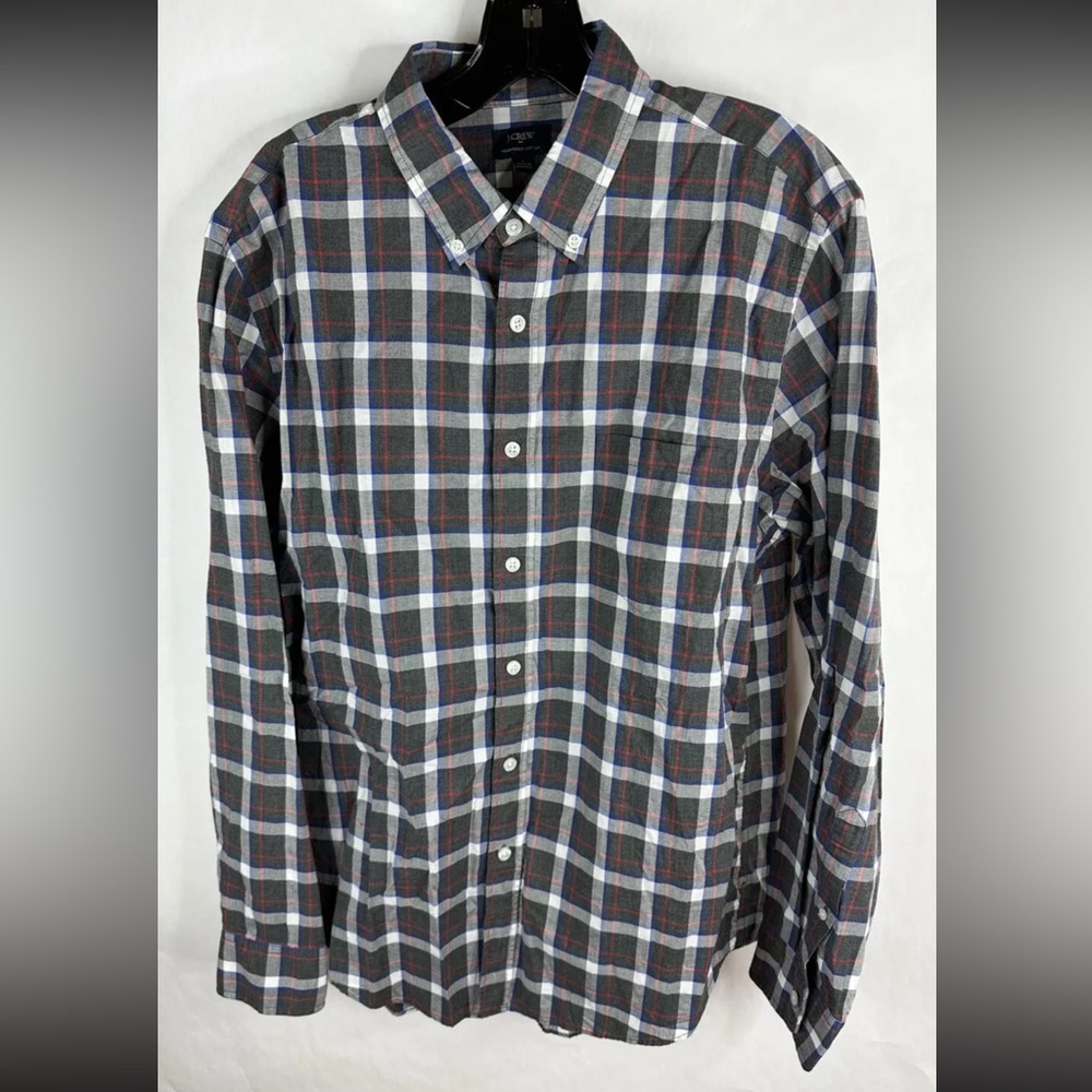 J. Crew Mens Shirt Large Gray Red Blue Button Down Long Sleeve Heathered Cotton
